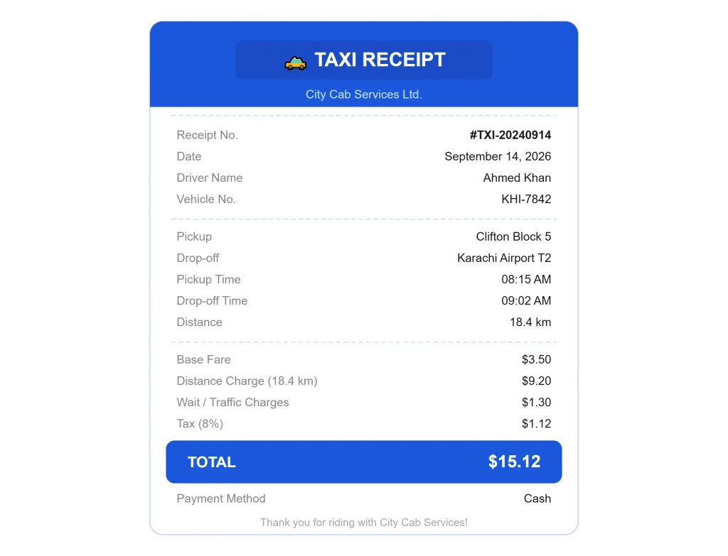 Taxi receipt template with blue header showing trip details including pickup and drop-off locations, distance, fare breakdown, and total amount of $15.12