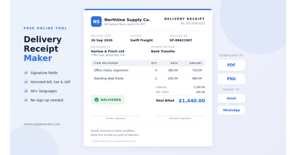 Free delivery receipt maker with signature fields and PDF & PNG download
