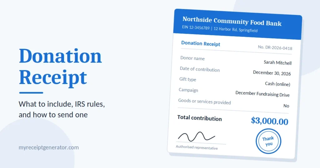 Donation receipt showing a $3,000 cash gift with date, donor name, and no goods or services statement
