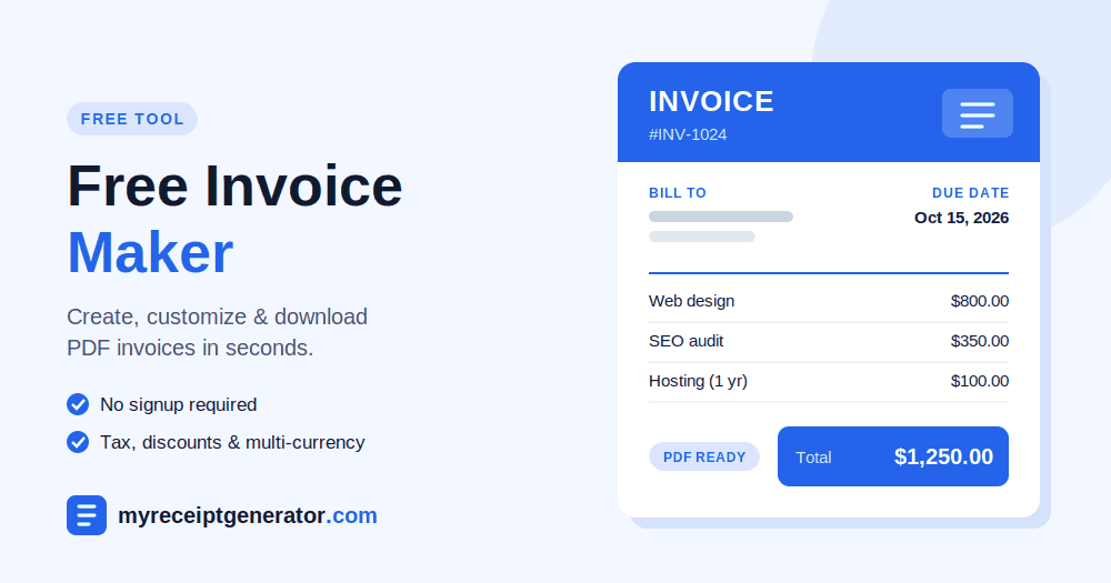 Sample invoice created with a free invoice maker, showing business details, trip information, line items, and balance due