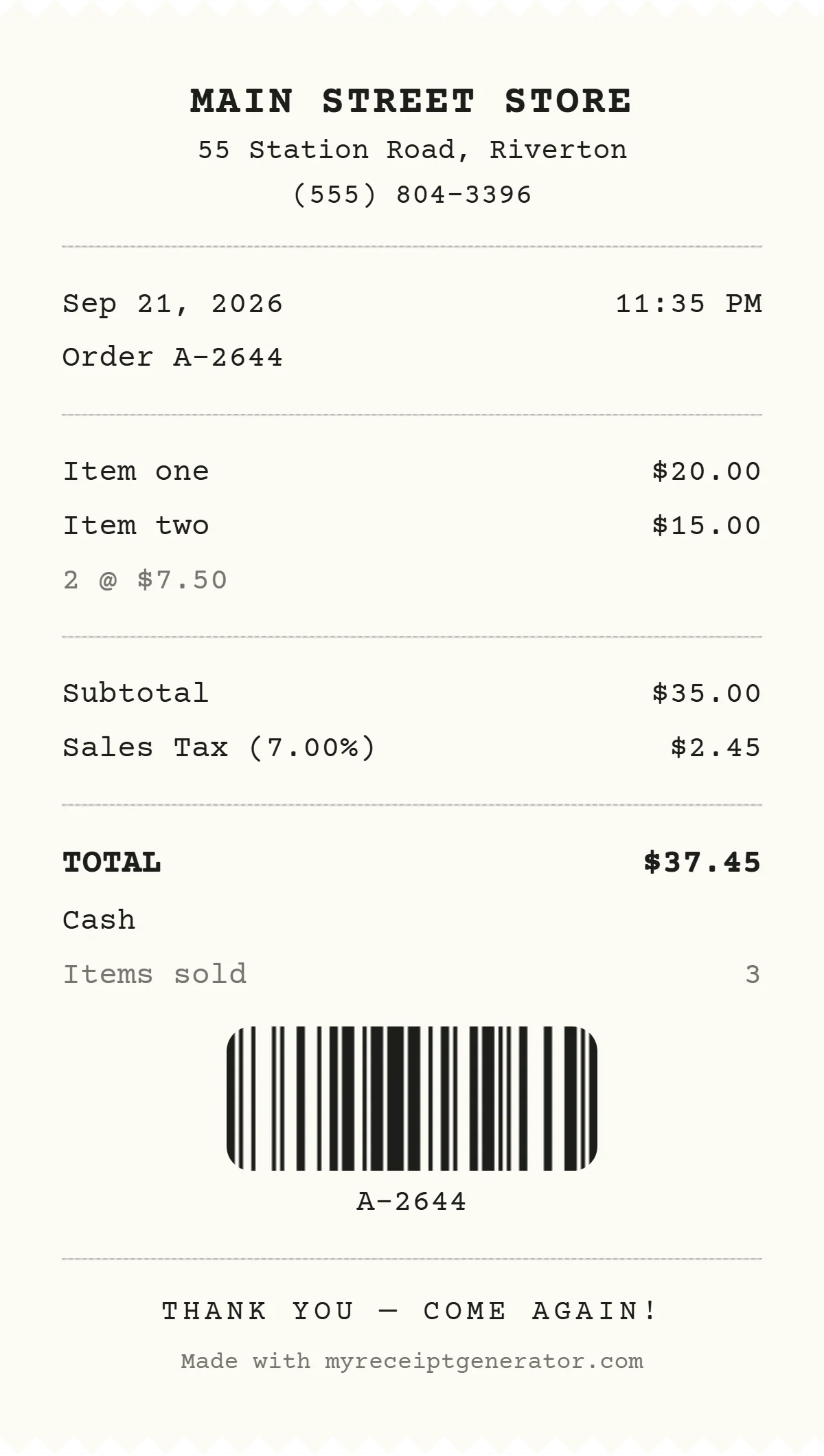 Itemized receipt sample showing line items, quantity, subtotal, 7% sales tax, total, and payment method