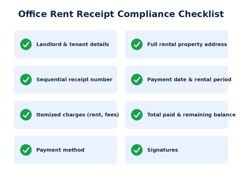 Office rent receipt compliance checklist of required fields