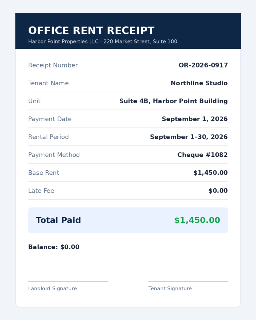 Filled-in office rent receipt example showing tenant, rental period and total paid