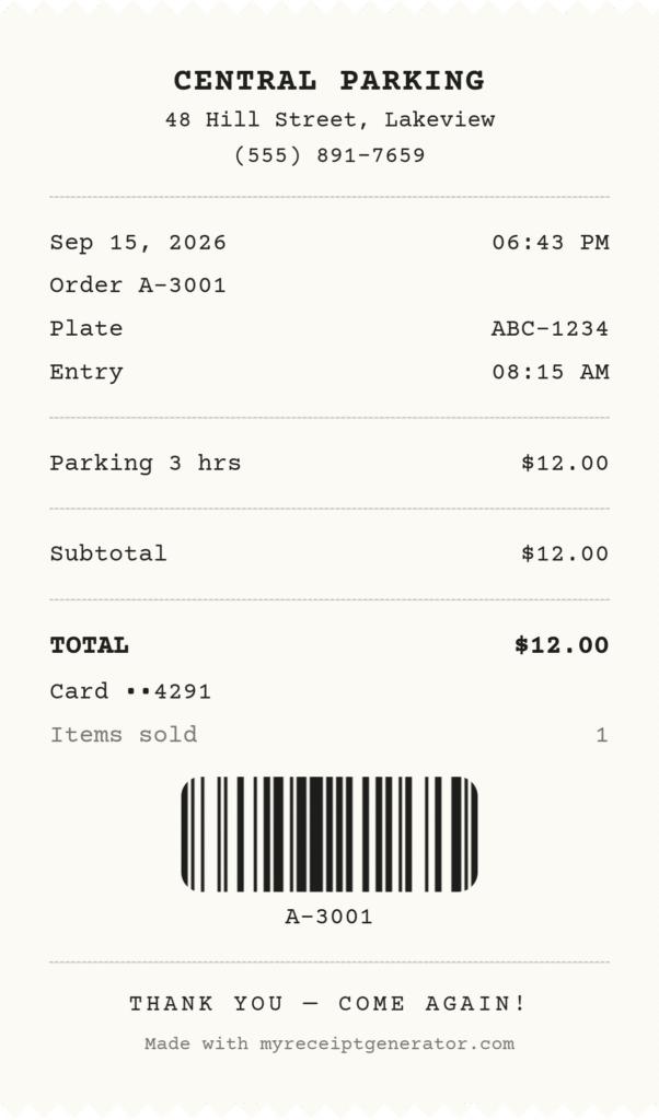Parking receipt template showing entry time, duration, total and barcode