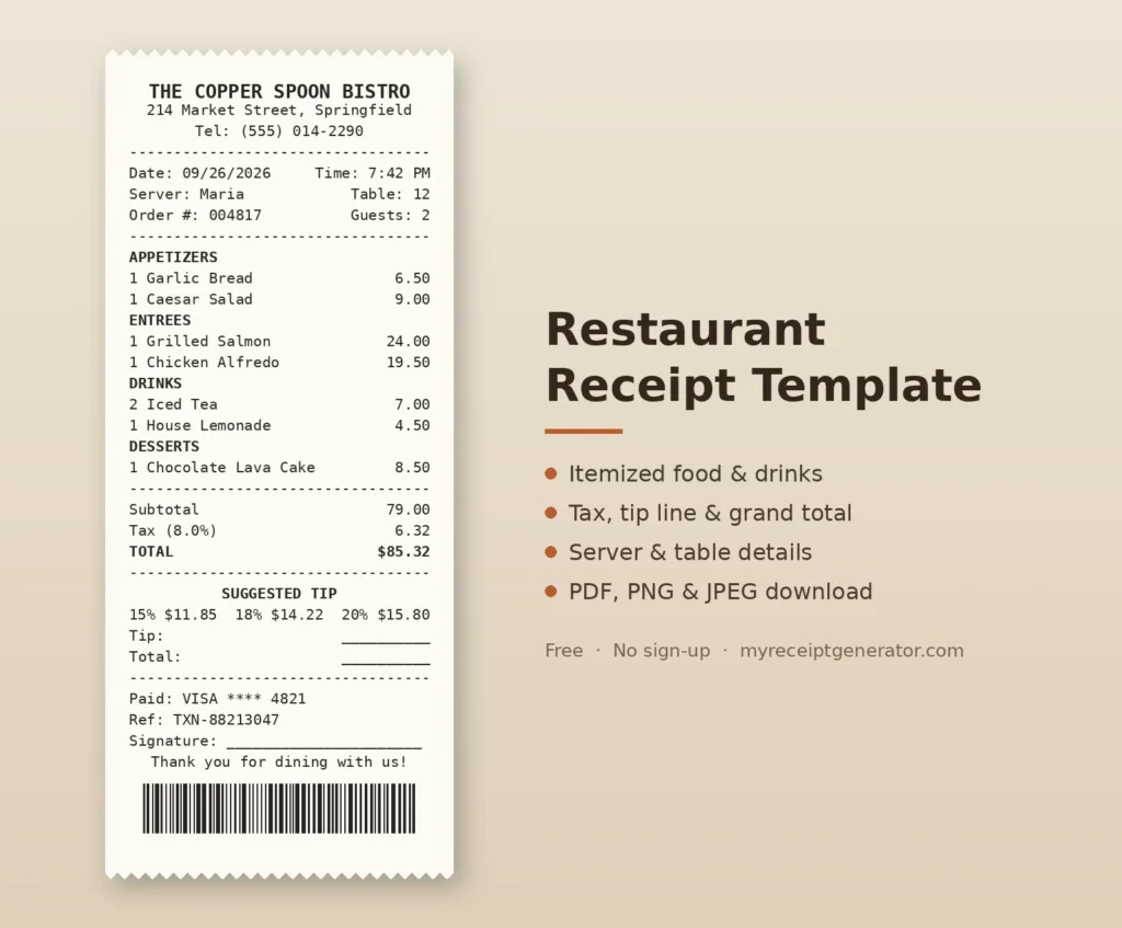 Restaurant receipt template with itemized food, tax, tip line, and server details