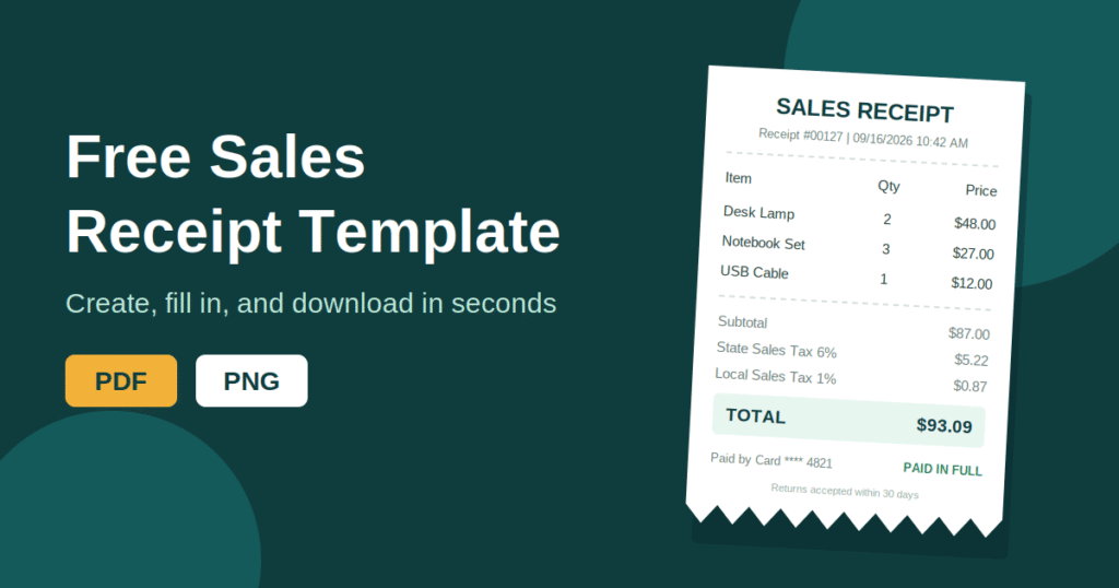 Free sales receipt template in PDF and PNG with itemized sales tax