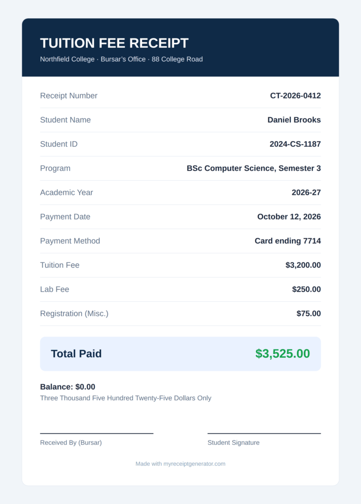 College tuition receipt example for a BSc Computer Science student with tuition, lab and registration fees