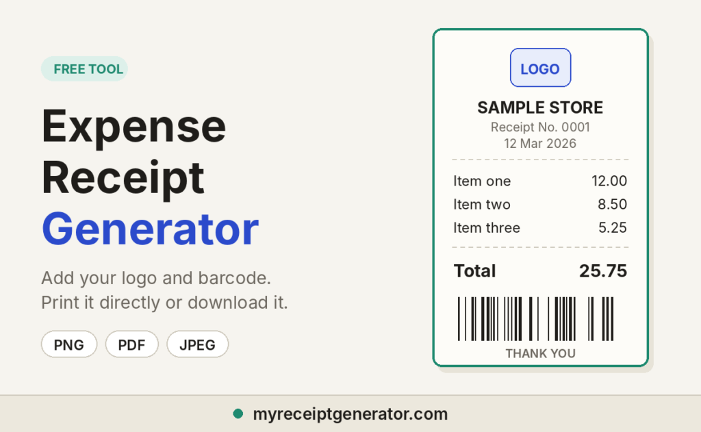 Expense receipt generator preview with a till slip receipt showing a logo, item totals, and barcode