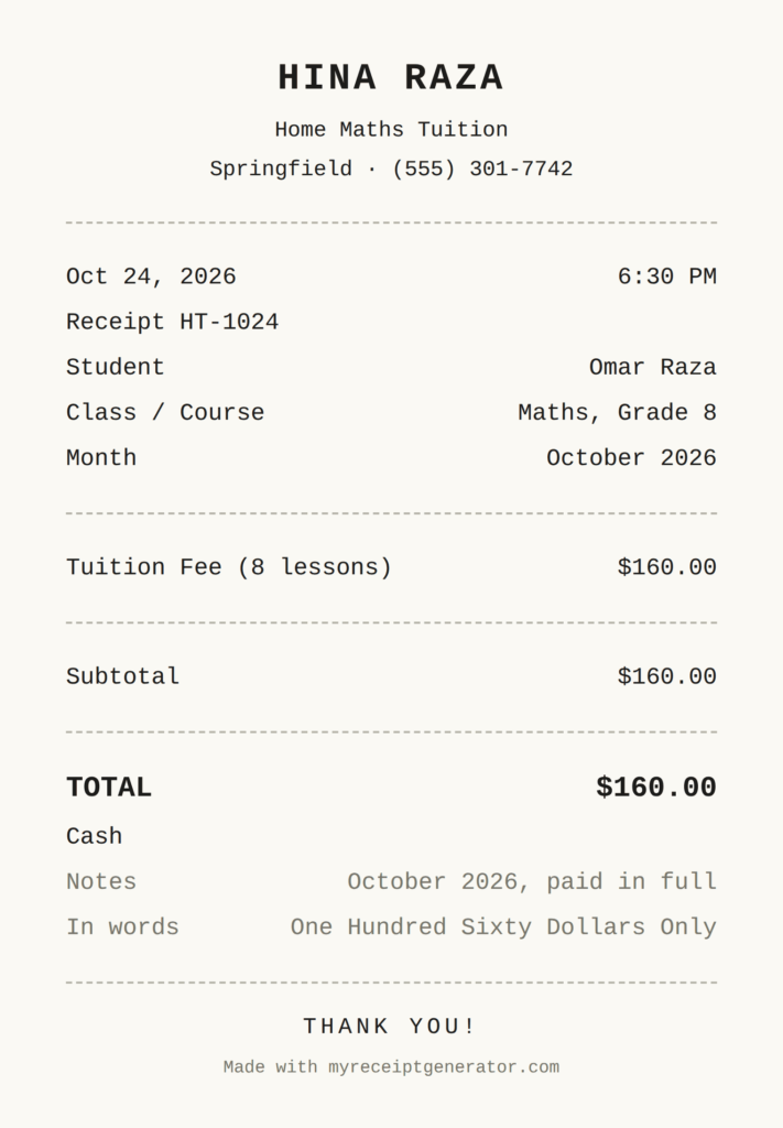 Home tuition receipt example from a maths tutor for eight lessons in October 2026
