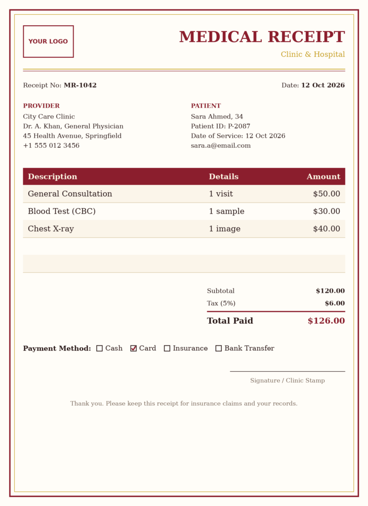 Classic medical receipt format showing patient name, services, tax and total paid