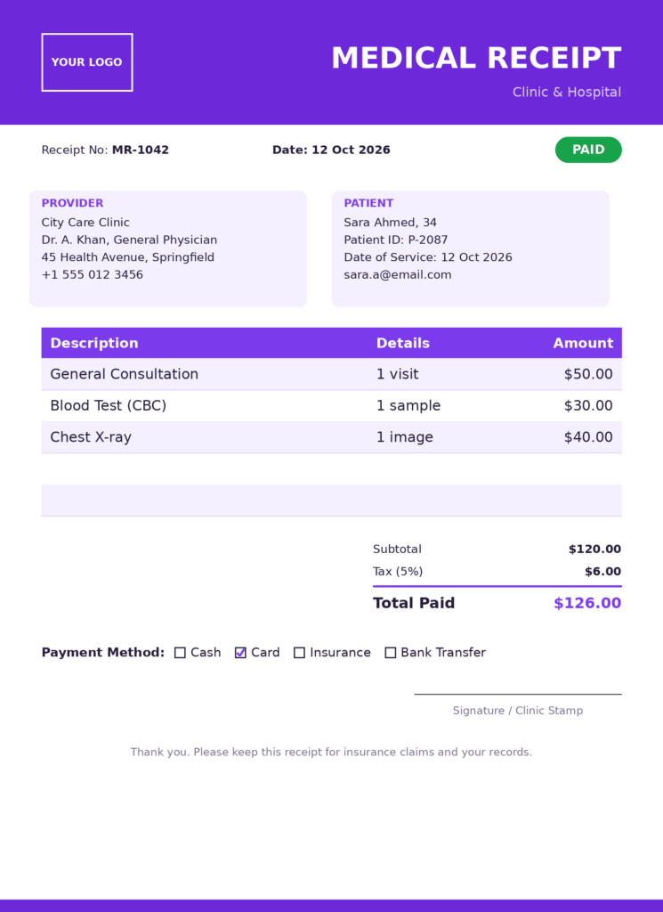 Printable medical receipt maker template with paid badge, ready to download as PDF or PNG