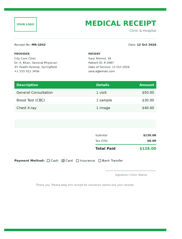 ompleted medical receipt example with consultation, blood test, X-ray and 5% tax