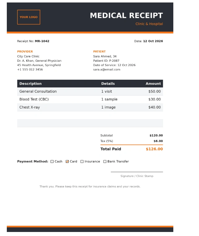 Free medical receipt template in dark and orange with itemized clinic services