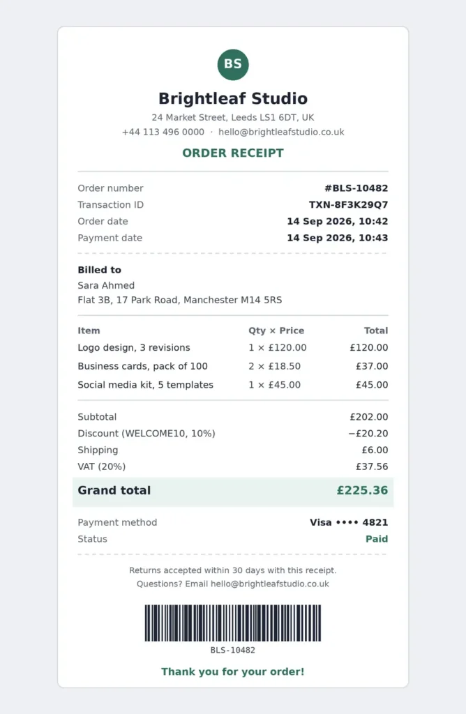 Online order receipt example with itemized products, discount, shipping, VAT, grand total, and transaction ID