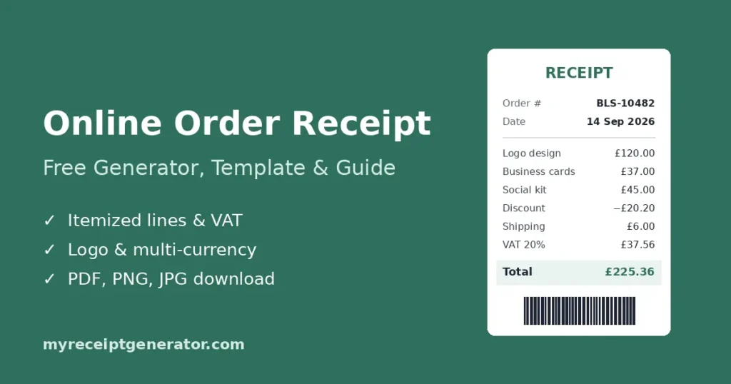 Online order receipt generator: free template and guide with itemized lines, VAT, and PDF download