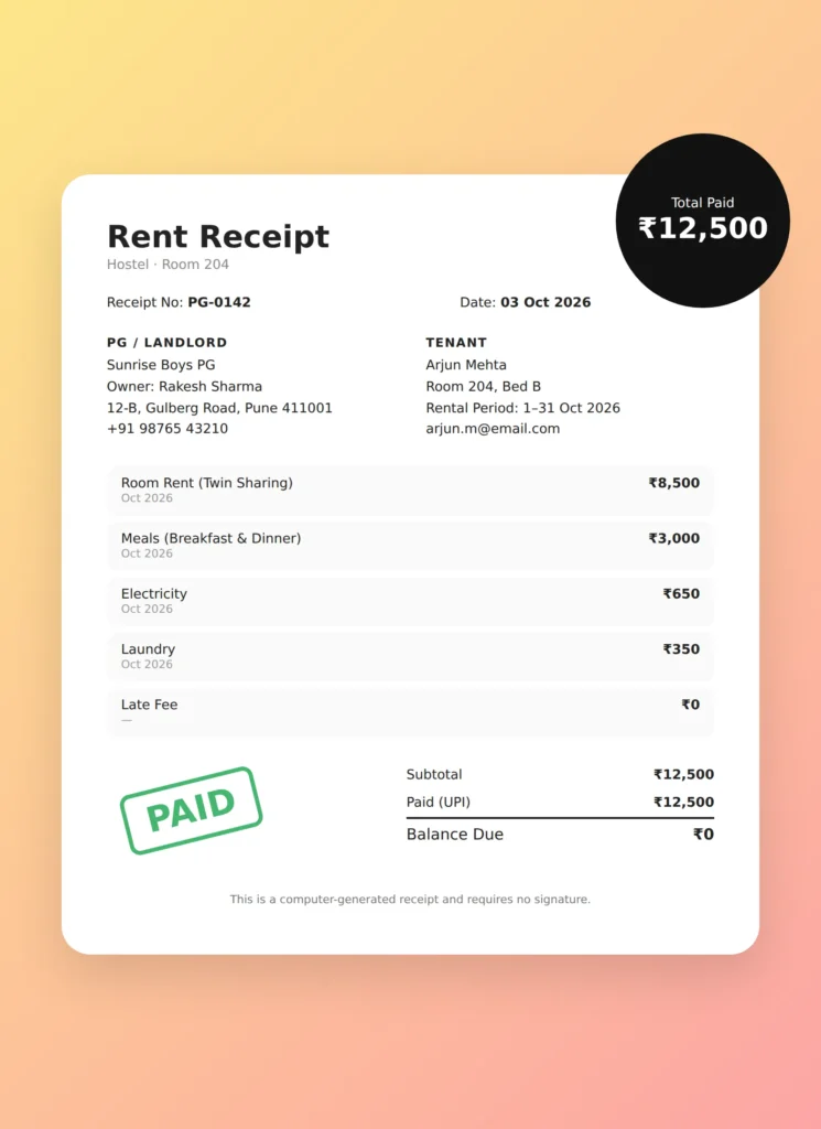 Mobile-friendly PG rent receipt card with paid stamp and total amount