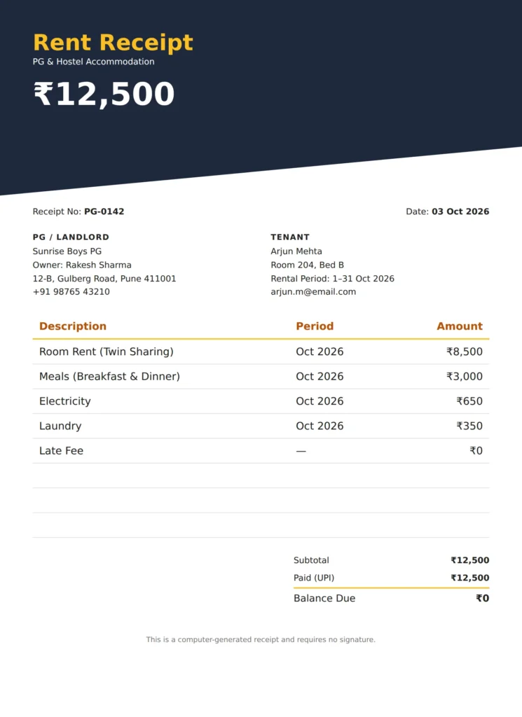 Hostel rent receipt for landlords with total amount and income record details
