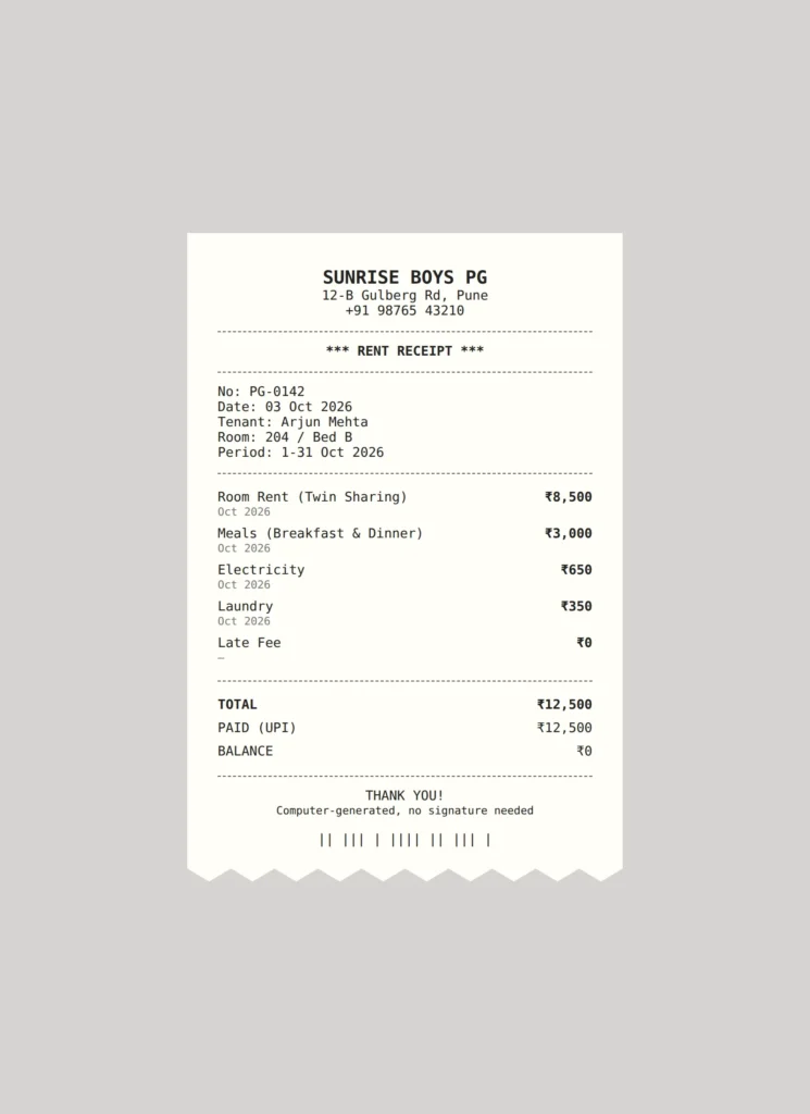 Thermal-style PG rent receipt showing total paid and zero balance