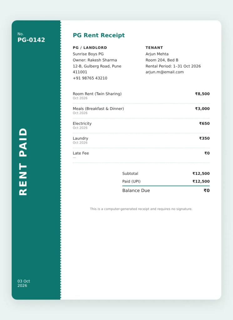 PG rent receipt template with logo, tenant details, and itemized rent charges