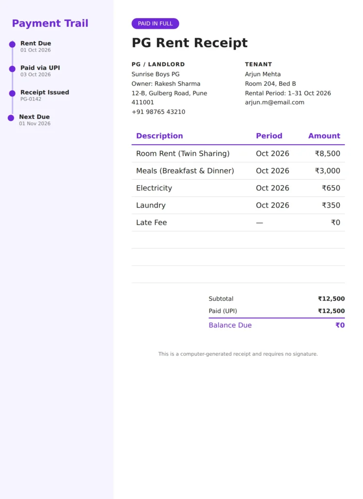 PG rent receipt with payment trail from rent due to receipt issued
