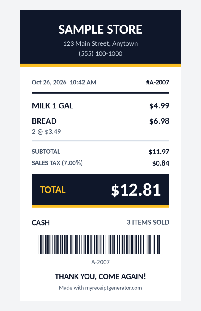 Bold style receipt with navy header, yellow accents, bold total box and cash payment
