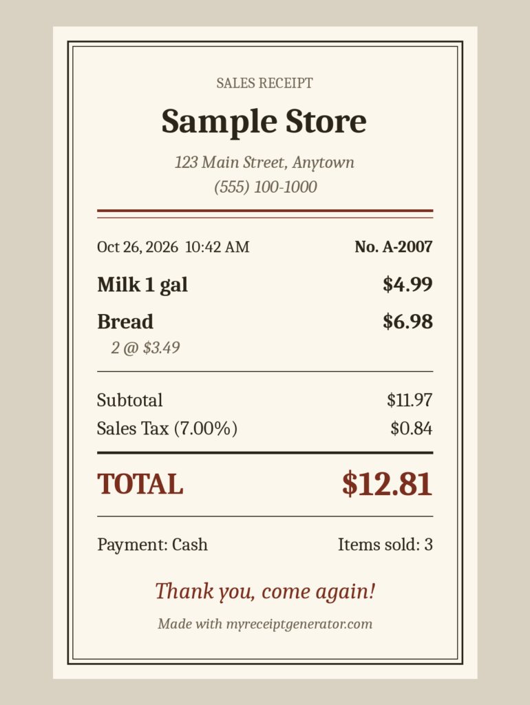 Modern style receipt with teal header, item and amount columns and a highlighted total