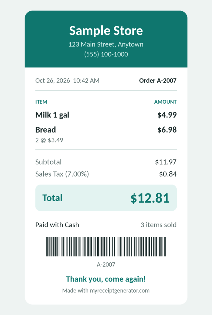 Classic style sales receipt with double border, serif font and itemized lines