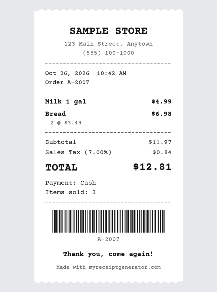 POS receipt maker sample in Till slip style with itemized lines, 7% sales tax and barcode
