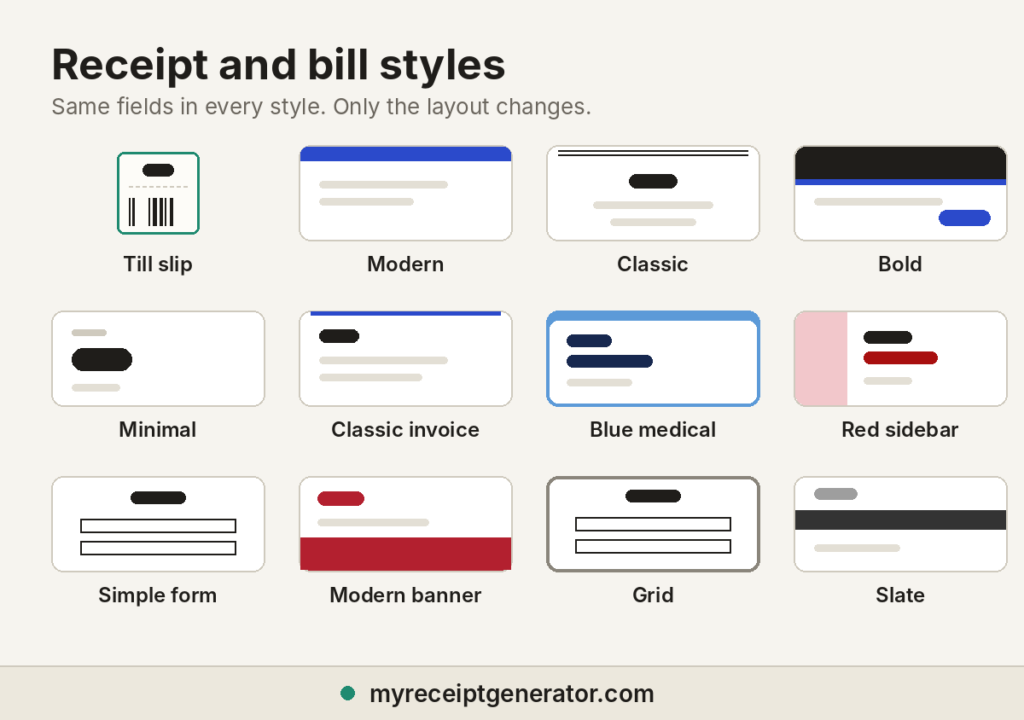 Receipt and bill styles in the generator: till slip, modern, classic, minimal, grid, and slate layouts