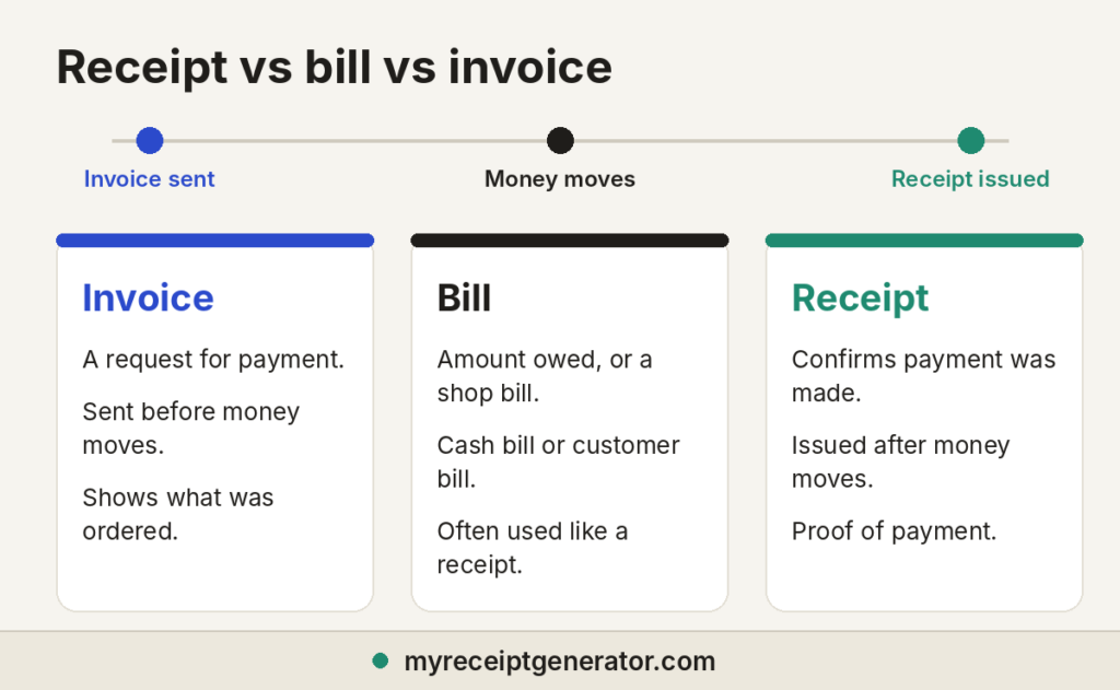 Receipt vs bill vs invoice: an invoice is sent first, then payment is made, then a receipt is issued