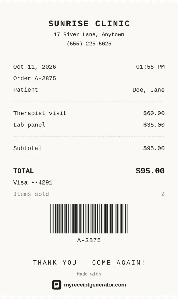 Classic thermal therapist receipt template showing a therapist visit, lab panel, total paid and barcode