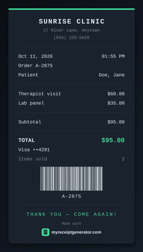 Dark mode therapist receipt template with a mint green total, patient name and session details