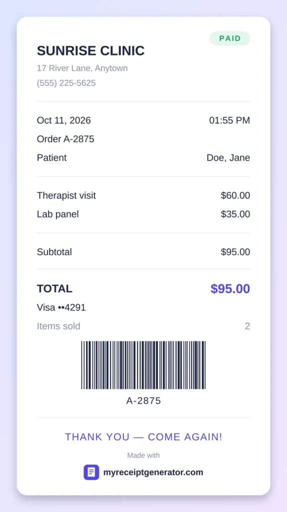 Modern clean therapist receipt template with a PAID badge, itemized session fees and payment method