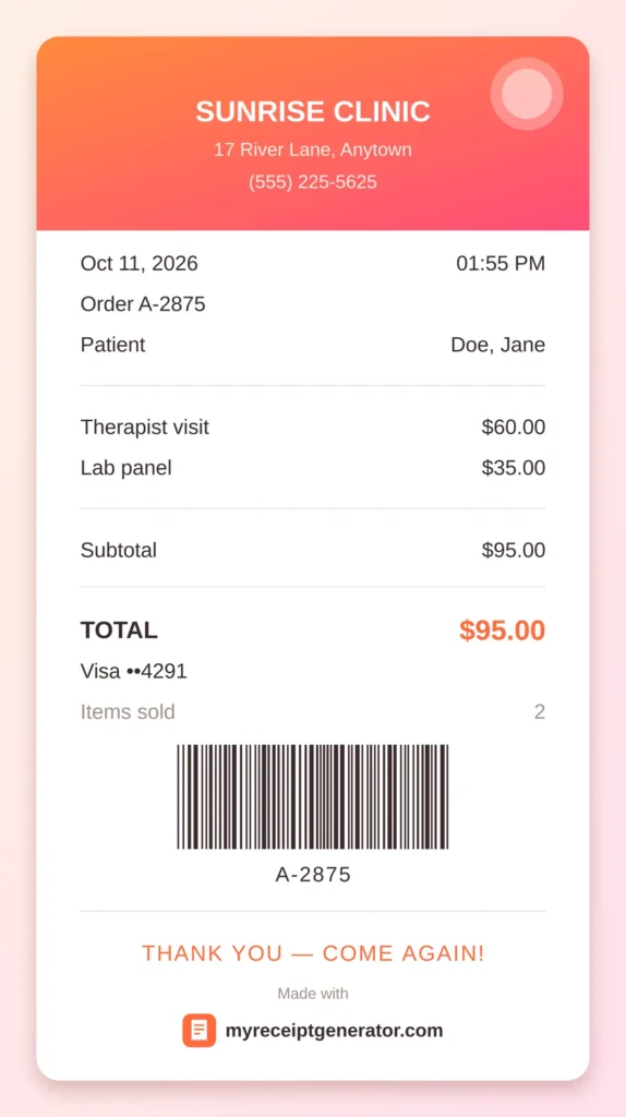 Therapist receipt template with an orange and pink gradient header, itemized fees and total paid