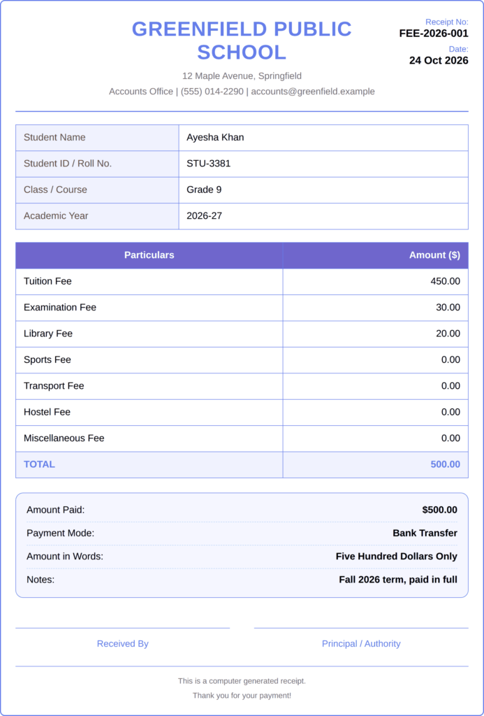 Tuition fee receipt example for a Grade 9 student showing fee lines, total of $500.00 and amount in words