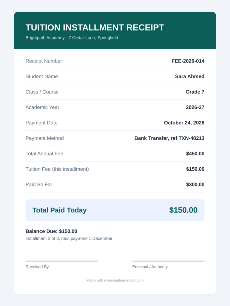 Tuition installment receipt example showing $150.00 paid today and $150.00 balance due